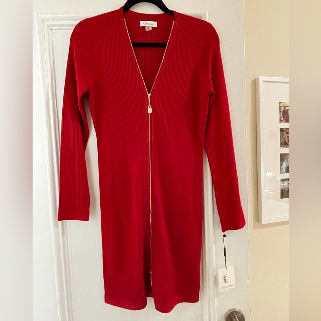 Calvin Klein Red Zip Front Sweater Dress Nwt